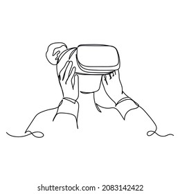Vector abstract continuous one single simple line drawing icon of woman using virtual reality in silhouette sketch.