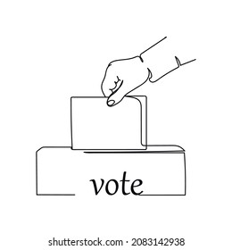 Vector abstract continuous one single simple line drawing icon of hand with voting ballot and box in silhouette sketch.
