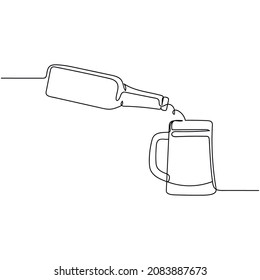 Vector abstract continuous one single simple line drawing icon of beer bottle and delicious mug with beer in silhouette sketch.