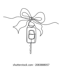 Vector abstract continuous one single simple line drawing icon of car key with bow present gift in silhouette sketch.