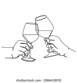 Vector abstract continuous one single simple line drawing icon of couple toasting wineglasses in silhouette sketch.