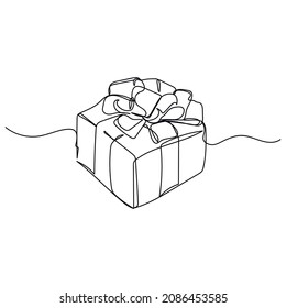 Vector abstract continuous one single simple line drawing icon of gift box with bow in silhouette sketch.