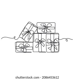 Vector abstract continuous one single simple line drawing icon of gift boxes with bows in silhouette sketch.