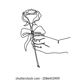 Vector abstract continuous one single simple line drawing icon of hand give rose in silhouette sketch.