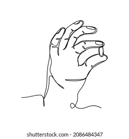 Vector Abstract Continuous One Single Simple Line Drawing Icon Of Hand Holding Pill In Silhouette Sketch.