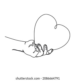 Vector abstract continuous one single simple line drawing icon of hand holding symbol heart in silhouette sketch.