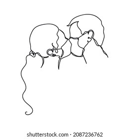 Vector abstract continuous one single simple line drawing icon of couple kiss in mask medical in silhouette sketch.