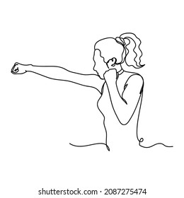 Vector abstract continuous one single simple line drawing icon of female boxing in silhouette sketch.