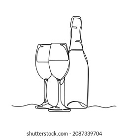 Vector abstract continuous one single simple line drawing icon of two champagne glasses and wine bottle in silhouette sketch on white background.