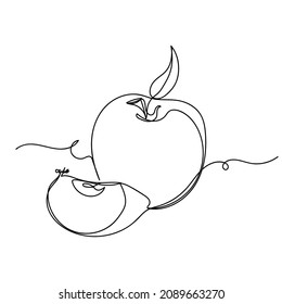 Vector abstract continuous one single simple line drawing icon of apple and half in silhouette sketch on white background.