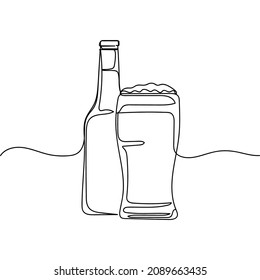 Vector abstracto continuo un único icono de dibujo de línea simple de botella de cerveza y vidrio en boceto de silueta sobre fondo blanco.