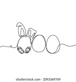 Vector abstract continuous one single simple line drawing icon of eggs with easter bunny ears in silhouette sketch.
