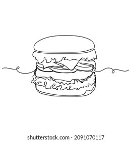 Vector abstract continuous one single simple line drawing icon of burger tasty fast food in silhouette sketch.