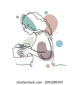 Vector abstract continuous one single simple line drawing icon of congratulate woman with gift box christmas birthday in silhouette sketch.