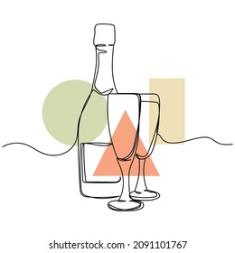 Vector abstract continuous one single simple line drawing icon of bottle of champagne and glasses in silhouette sketch.