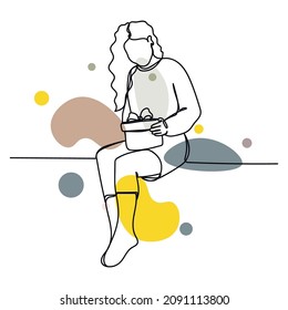 Vector abstract continuous one single simple line drawing icon of girl sitting opens christmas gifts in silhouette sketch.