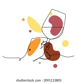 Vector abstract continuous one single simple line drawing icon of glass of wine in a woman s hand in silhouette sketch.