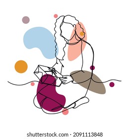 Vector abstract continuous one single simple line drawing icon of bottle with girl opens christmas gifts in silhouette sketch.