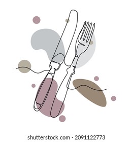 Vector abstract continuous one single simple line drawing icon of fork and knife in silhouette sketch.