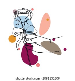 Vector abstract continuous one single simple line drawing icon of hand give rose in silhouette sketch.