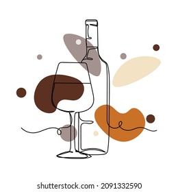 Vector abstract continuous one single simple line drawing icon of wine glass wine bottle in silhouette sketch on white background.