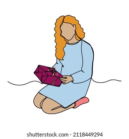 Vector abstract continuous one single simple line drawing icon of bottle with girl opens christmas gifts in silhouette sketch.