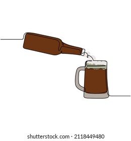 Vector abstract continuous one single simple line drawing icon of beer bottle and delicious mug with beer in silhouette sketch.