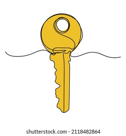 Vector abstract continuous one single simple line drawing icon of door key in silhouette sketch.