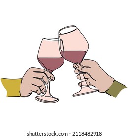 Vector abstract continuous one single simple line drawing icon of couple toasting wineglasses in silhouette sketch.