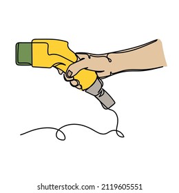 Vector abstract continuous one single simple line drawing icon of hand holding electric car charger in silhouette sketch.