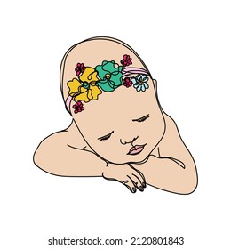 Vector abstract continuous one single simple line drawing icon of newborn baby in silhouette sketch.