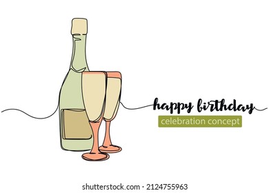 Vector abstract continuous one single simple line drawing icon of bottle of champagne and glasses happy birthday in silhouette sketch.