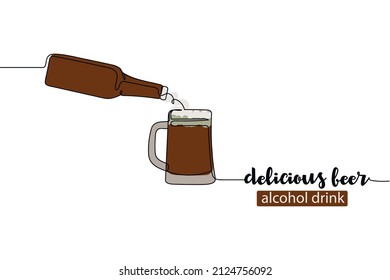 Vector abstract continuous one single simple line drawing icon of beer bottle and delicious mug with beer in silhouette sketch.