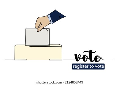Vector abstract continuous one single simple line drawing icon of hand with voting ballot and box register to vote in silhouette sketch.