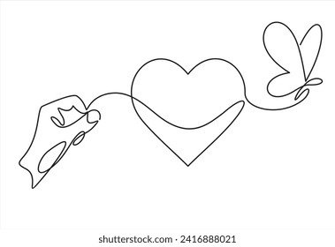 Vector abstract continuous one single simple line drawing icon of hand holding symbol heart in silhouette sketch.	
