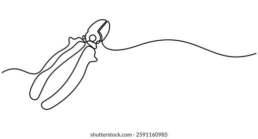 Vector abstract continuous one single simple line drawing icon of cutting plier in silhouette sketch, line art pliers vector illustration. line art, one continuous line, gardening Pruning Shears.