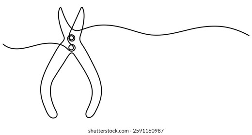 Vector abstract continuous one single simple line drawing icon of cutting plier in silhouette sketch, line art pliers vector illustration. line art, one continuous line, gardening Pruning Shears.