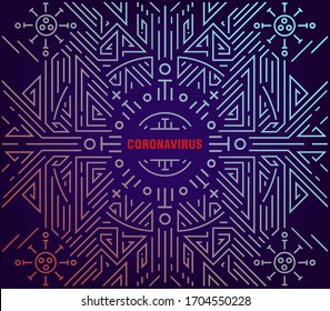 Vector abstract coronavirus covid-19 linear illustration, geometric poster, card, print, banner, cover, background. Cell Icon, 2019-nCoV border, frame