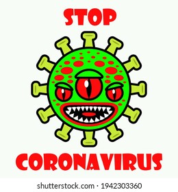 Vector abstract coronavirus molecule in the form of an evil emoji with sharp teeth.