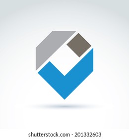 Vector abstract corporate design element. Geometric symbol, blue checkmark, infographics icon.