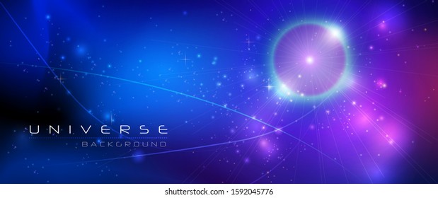 Vector abstract of cosmos. Illustration night sky, Cosmic Galaxy background with nebula, stardust and bright, light shining stars. Dark blue color of universe background for your design.