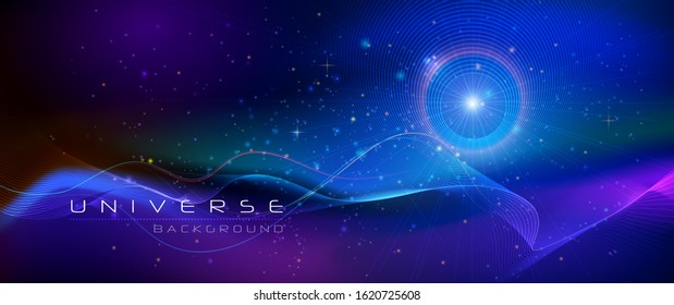 Vector abstract of cosmos. Illustration night sky, Cosmic Galaxy background with nebula, stardust and bright, light shining stars. Dark blue color of universe background for your design.