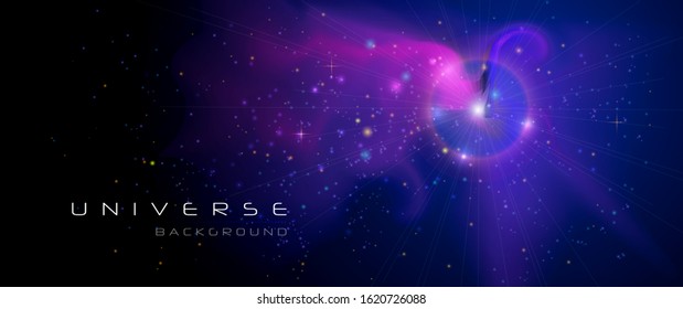 Vector abstract of cosmos. Illustration night sky, Cosmic Galaxy background with nebula, stardust and bright, light shining stars. Dark blue color of universe background for your design.