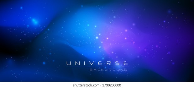 Vector abstract of cosmos. Illustration night sky, Cosmic Galaxy background with nebula, stardust and bright, light shining stars. Dark blue color of universe background for your design.