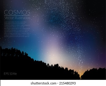 Vector abstract cosmos illustration with stars, galaxy and night landscape. Sundown, night time with forest, trees silhouette. Space starry background with deep blue and yellow sunset colors