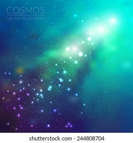 Vector abstract cosmos illustration with stars and galaxy. Space starry background with deep blue and green dark colors, galaxy, nebula clouds on it. Space galaxy vector background