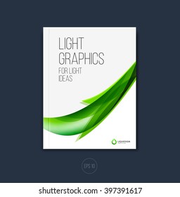 Vector abstract cover design, business brochure template layout, report, magazine or booklet in A4 with green dynamic blurred waves, soft lines and smooth shapes with nature and ecology concept.