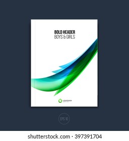 Vector abstract cover design, business brochure template layout, report, magazine or booklet in A4 with green blue dynamic blurred waves, soft lines and smooth shapes with nature and ecology concept.