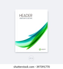 Vector abstract cover design, business brochure template layout, report, magazine or booklet in A4 with green blue dynamic blurred waves, soft lines and smooth shapes with nature and ecology concept.