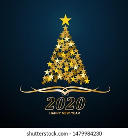 Vector Abstract cover Golden Christmas Tree, with text 2020 Happy New Year
